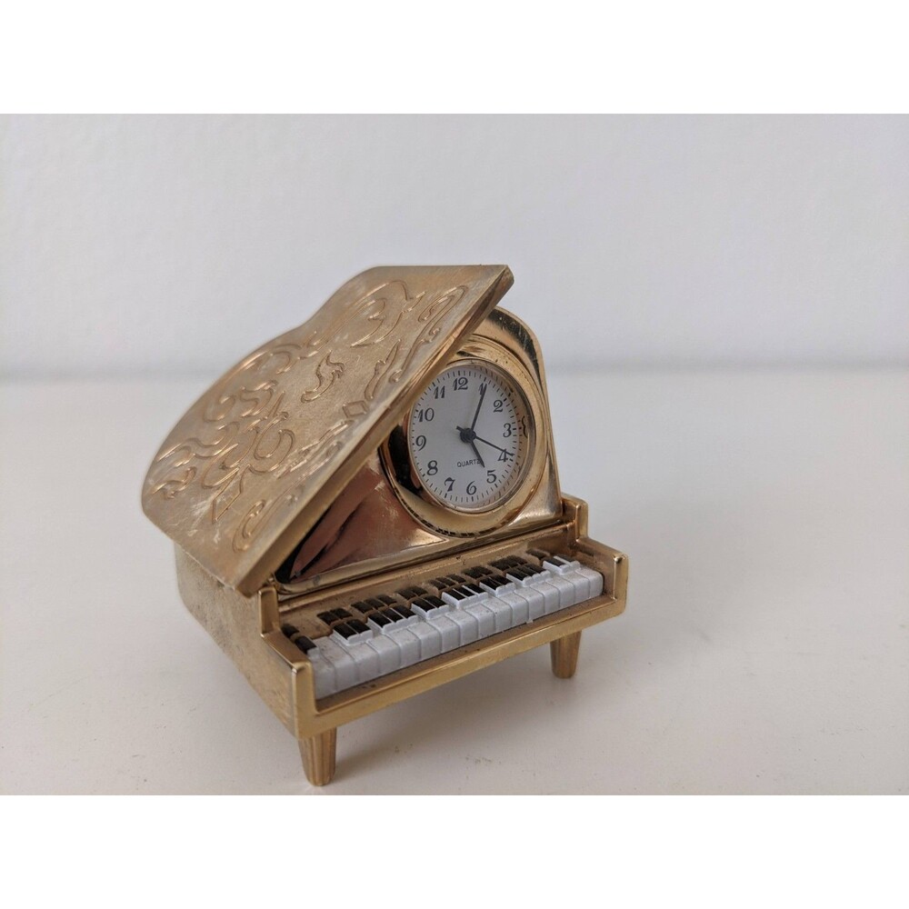 Vintage Miniature Grand piano Quartz Clock Engraved Etched - Gold Tone Decor